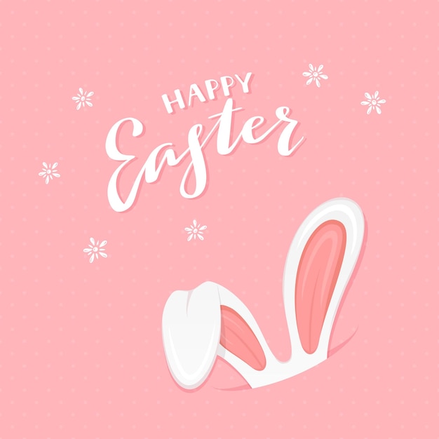 Rabbit ears and lettering Happy Easter on pink background illustration