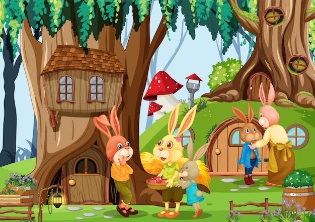 Rabbit family in fantasy forest