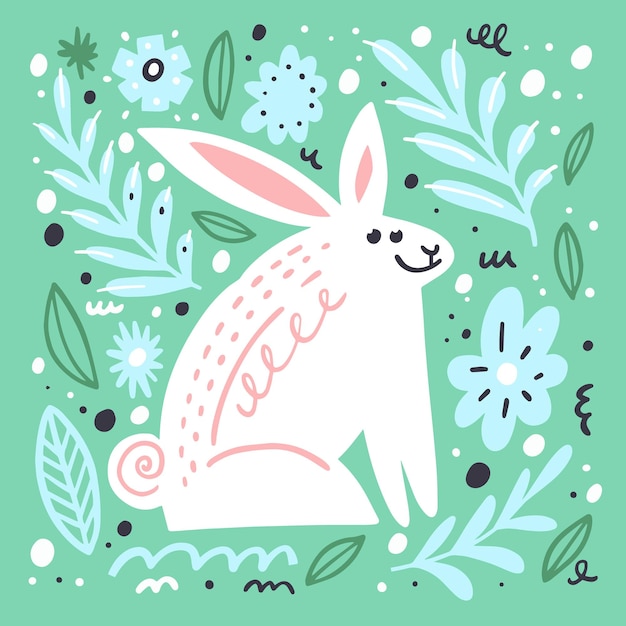 Rabbit in forest. Hand drawn abstract shapes nature style.