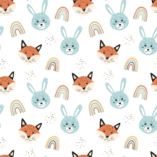 Vector rabbit, fox and rainbow. seamless pattern. cute baby print. vector illustration