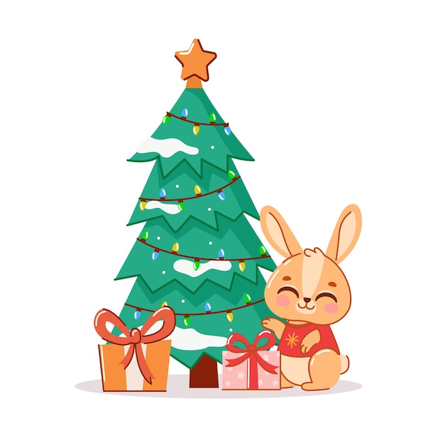 A rabbit or a hare is sitting near the Christmas tree with gifts The concept of the new year