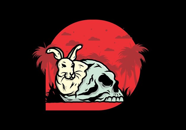 Rabbit hiding inside human skull illustration