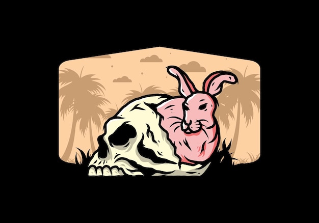 Rabbit hiding inside human skull illustration