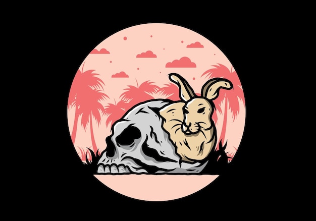 Rabbit hiding inside human skull illustration