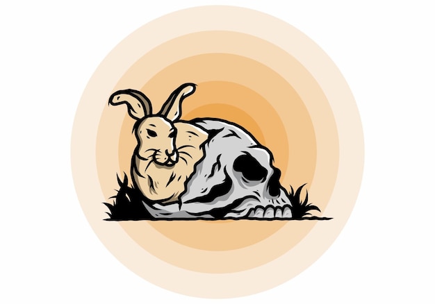 Rabbit hiding inside human skull illustration