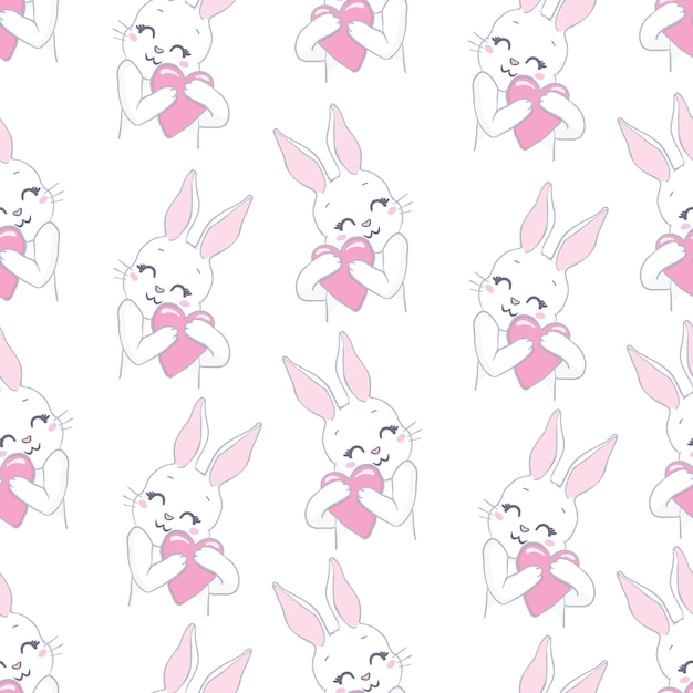 Rabbit holds a huge heart PatternPink backgroundFor prints book illustrations packaging material textiles