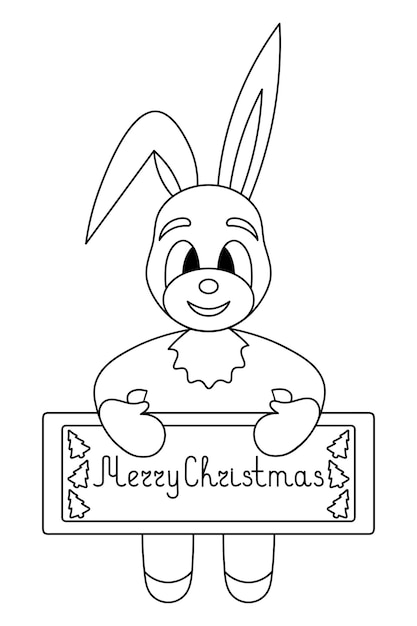 The rabbit holds in its paws a poster with a wish Merry christmas decorated with Christmas trees