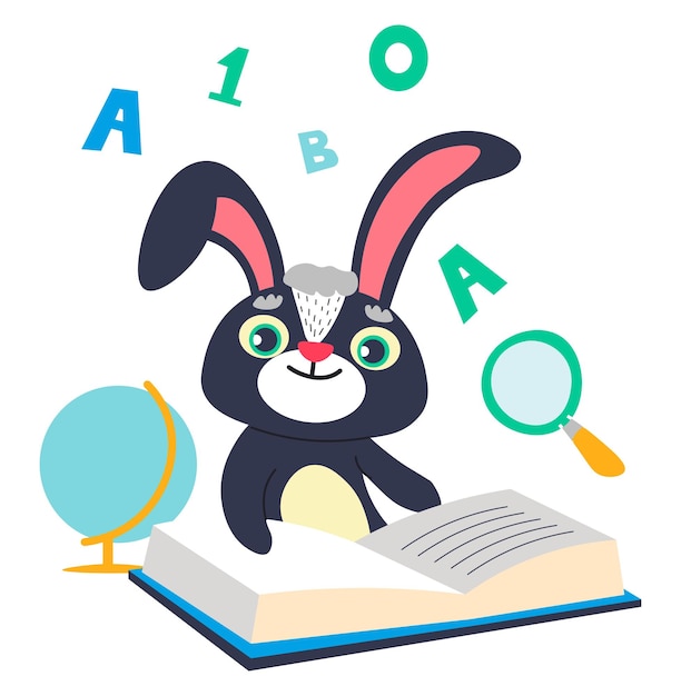 Rabbit learning and reading book personage vector