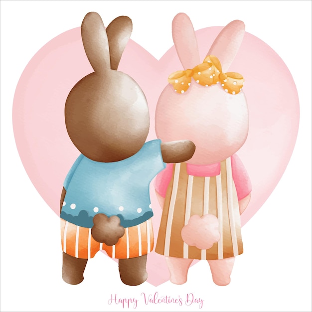 Rabbit in love Backside of Rabbit hug together Watercolor Rabbit Valentine day Easter Bunny