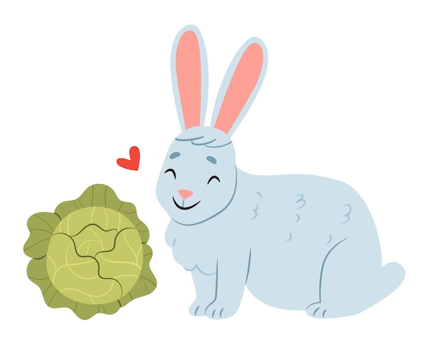 Rabbit loves cabbage. Baby cute illustration. Happy animal