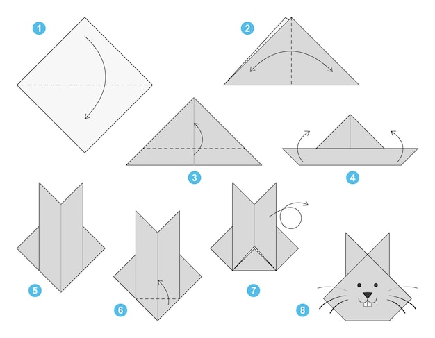 Rabbit origami scheme tutorial moving model. Origami for kids. Step by step how to make a rabbit.