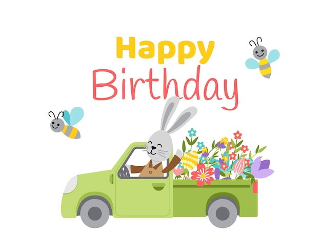 Rabbit on pickup with flowers Happy Birthday card Flat cartoon isolated