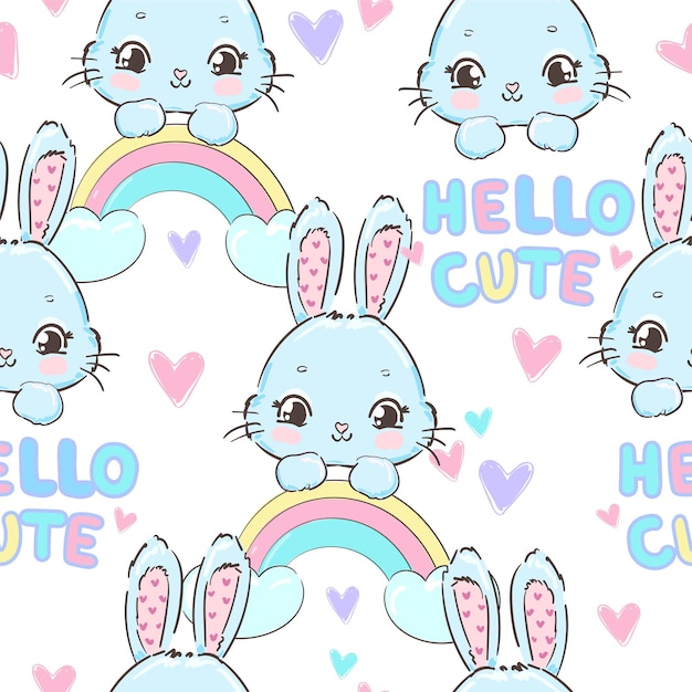 Rabbit and rainbow Seamless Pattern Hand Drawn Bunny print design background Vector Design