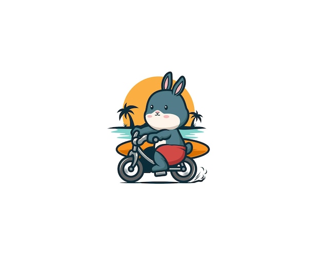 Rabbit rides a bike and brings a surf board