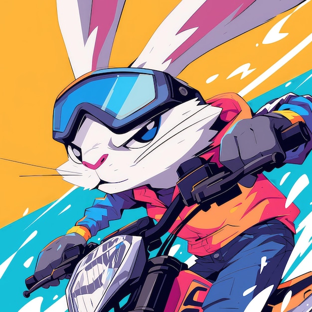 A rabbit riding a motorcycle cartoon style