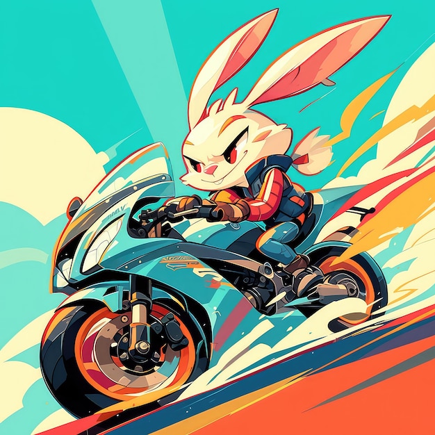 A rabbit riding a motorcycle cartoon style