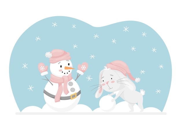 Rabbit rolls a snowball makes a snowman Winter fun activity Adorable character in pastel colors Kids design for cards clothes web design Childrens vector illustration on a white background