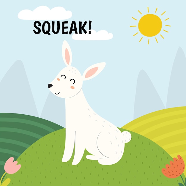 Rabbit saying squeak print. Cute farm character on a green pasture making a sound