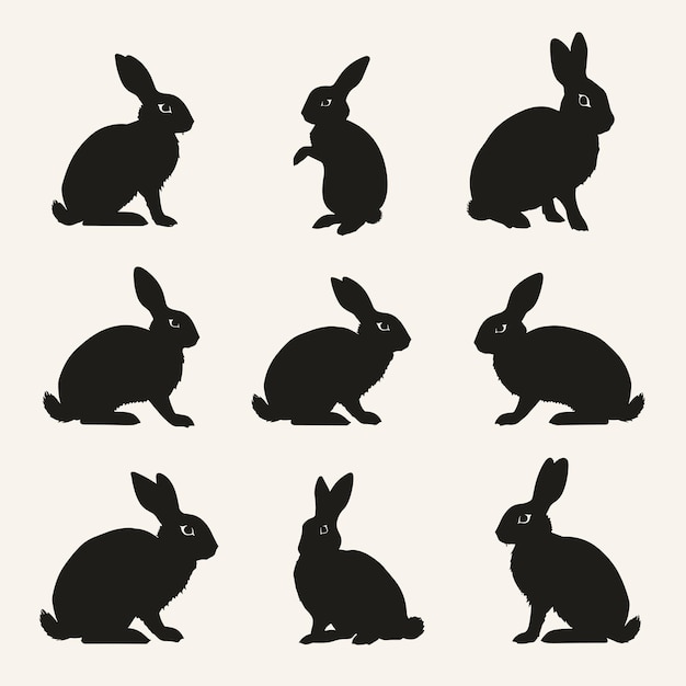 Vector rabbit silhouette set black flat vector illustration