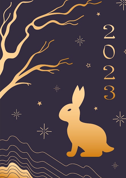 Rabbit symbol of Chinese New Year 2023 Bright vector vintage banner with gold pattern Asian style Tree branches mountains starry sky for poster banner flyer advertising