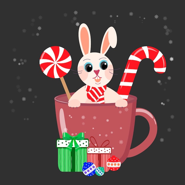 Rabbit symbol of the year in a mug with sweets