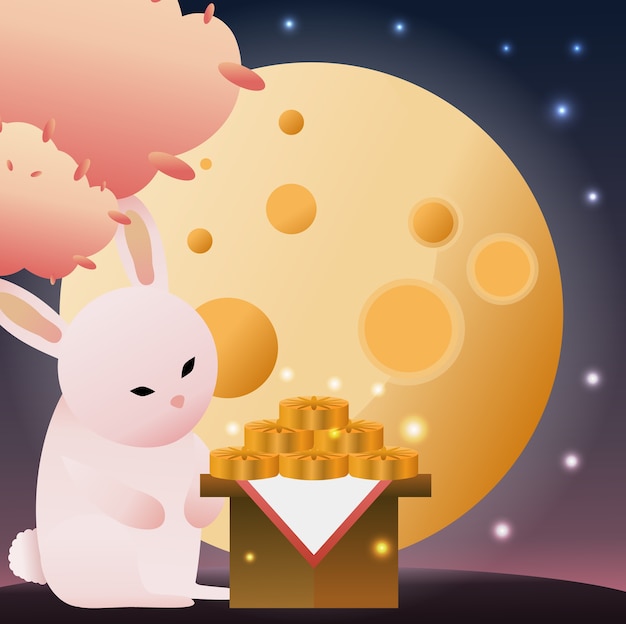 The Rabbit watching Moon while eating moon cake