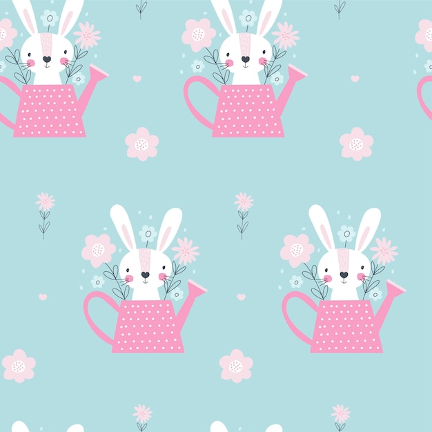 Rabbit in a watering can seamless pattern Vector illustration