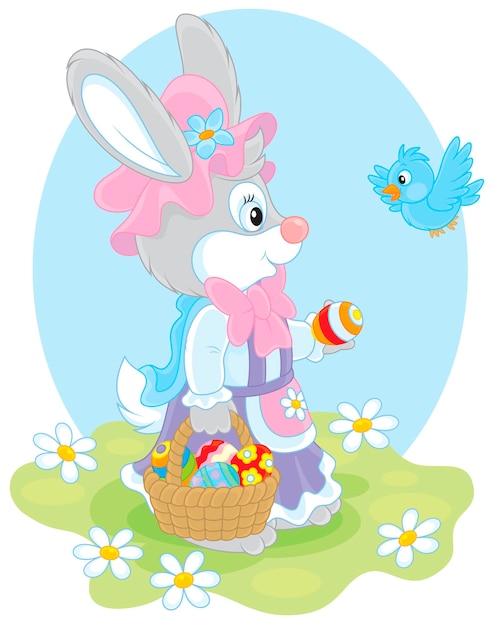 Rabbit wearing a holiday dress and holding a basket with colorfully decorated Easter eggs