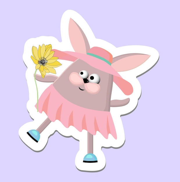 Rabbit with flower Cute bunny sticker Vector illustration of a rabbit bunny in a hat and dress