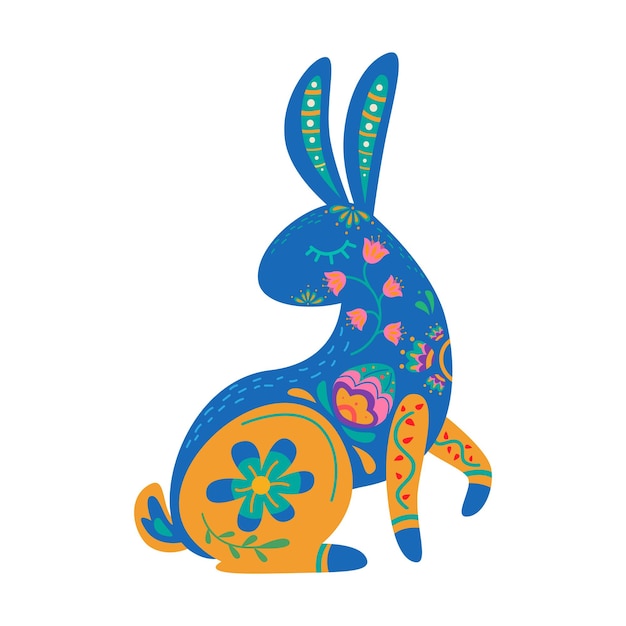 Rabbit with flowers ornament. Bunny in folk boho style.