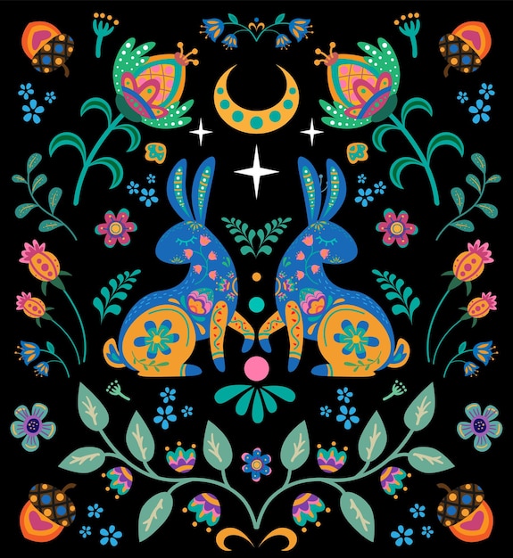 Rabbit with folk flower elements. Bunny in folk boho style.