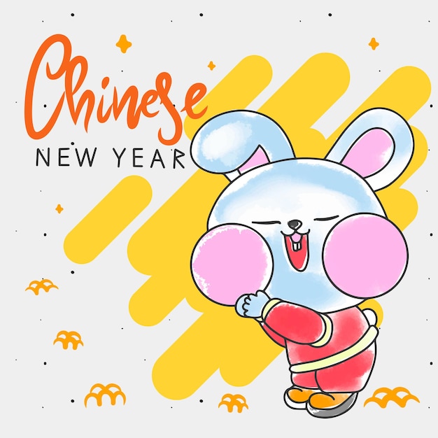 Rabbit with ornaments Chinese New Year greeting card on white background