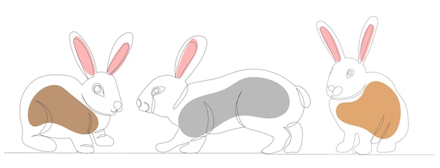 Rabbits drawing in one continuous line isolated vector