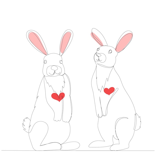 Rabbits drawing in one continuous line isolated