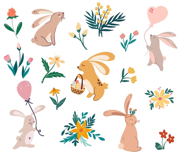 Rabbits and flowers Happy Easter Cute bunnies and wild flowers Perfect for printing children's postcards prints and posters Vector cartoon illustration