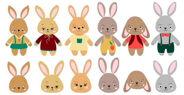 Rabbits hares cartoon characters set on white background isolated