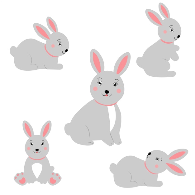 Rabbits isolated on white background Vector illustration set