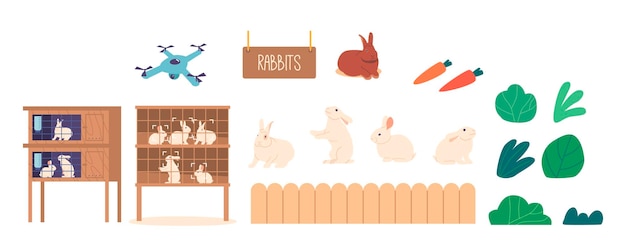 Vector rabbits livestock equipment set includes cages feeders and waterers to house and nourish rabbits drone carrot