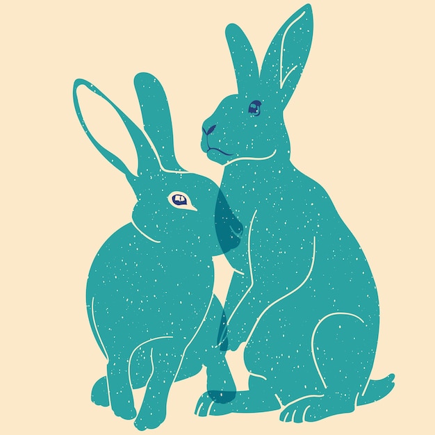 Rabbits Vector illustration in a minimalist style with Riso print effect