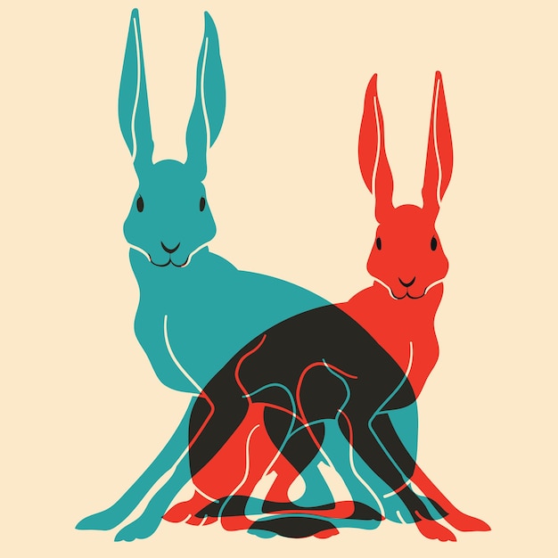 Rabbits Vector illustration in a minimalist style with Riso print effect