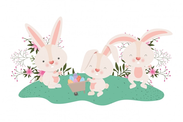 Rabbits with wheelbarrow and easter egg icon