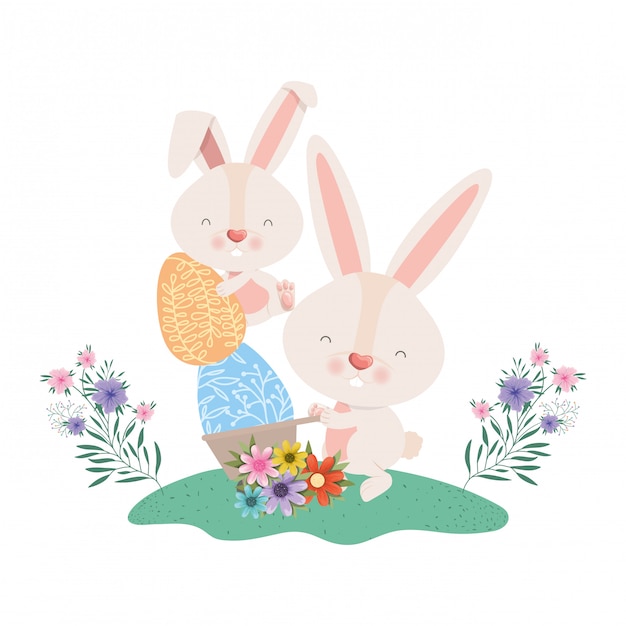 Rabbits with wheelbarrow and easter eggs icon