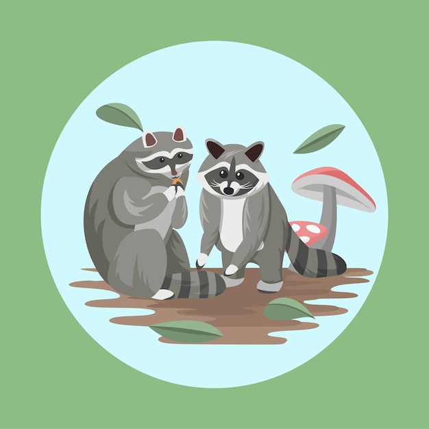 Raccoon Animal Couple Flat Vector Colorful with Nature Background Elements