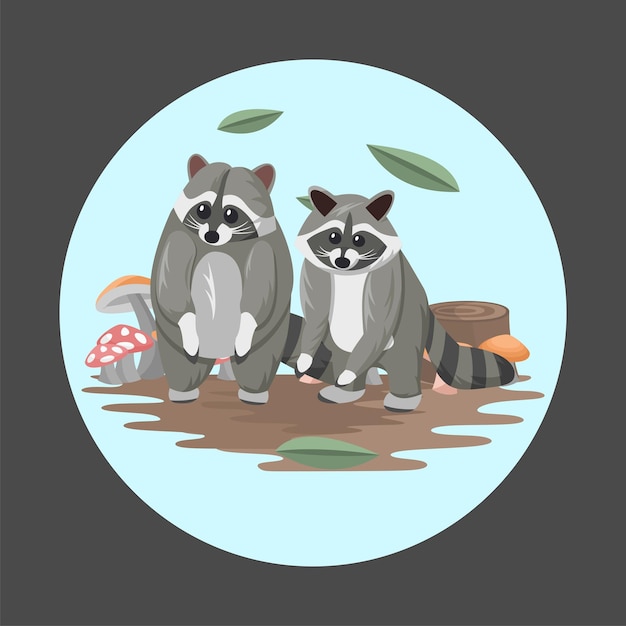 Raccoon Animal Couple Flat Vector Colorful with Nature Background Elements