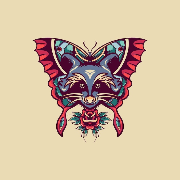 Raccoon And Butterfly Retro Illustration