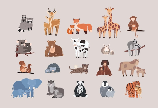 Raccoon, deer, fox, giraffe, monkey, koala, bear, cow, rabbit, sloth, squirrel hedgehog cat dog pony horse elephant wolf with cubs Cute animals with babies set