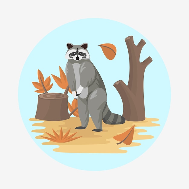 Vector raccoon flat vector colorful with autumn nature background elements