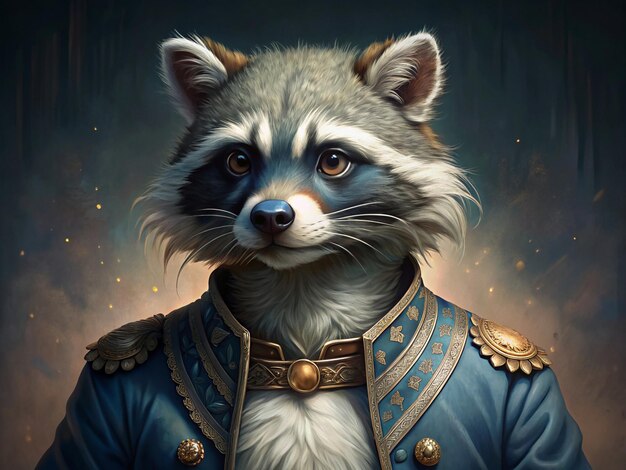 Raccoon in a Formal Blue Coat with Gold Accents