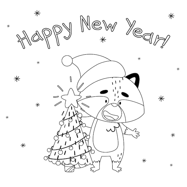 A raccoon in a hat stands behind a Christmas tree Drawn in cartoon and black and white style