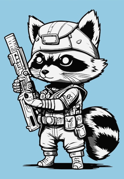 Raccoon mascot wearing military helmet with rifle